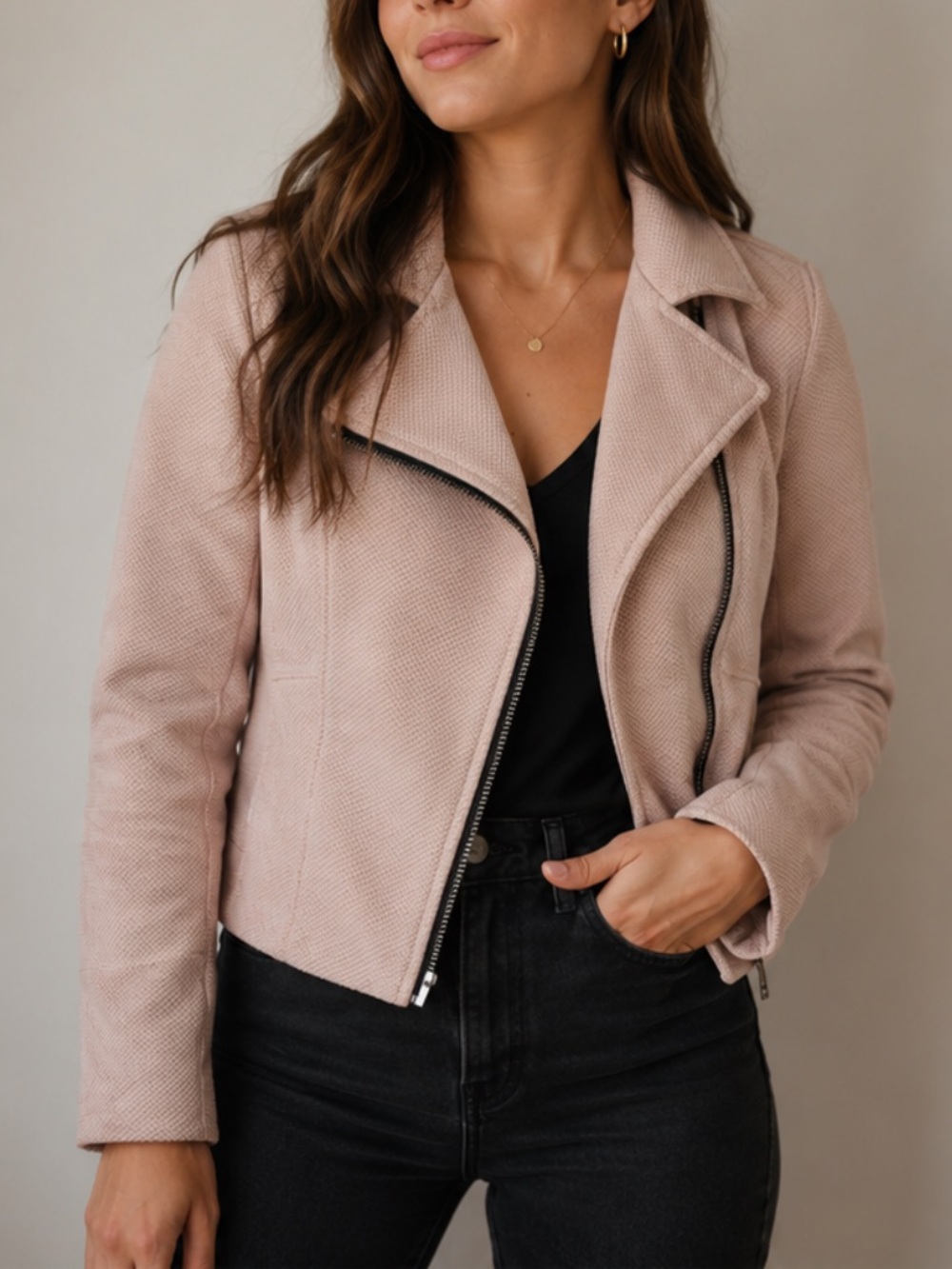 Black Rivet Women's Pink Textured Jacket, Pink Moto Style Jacket, Moto Blazer